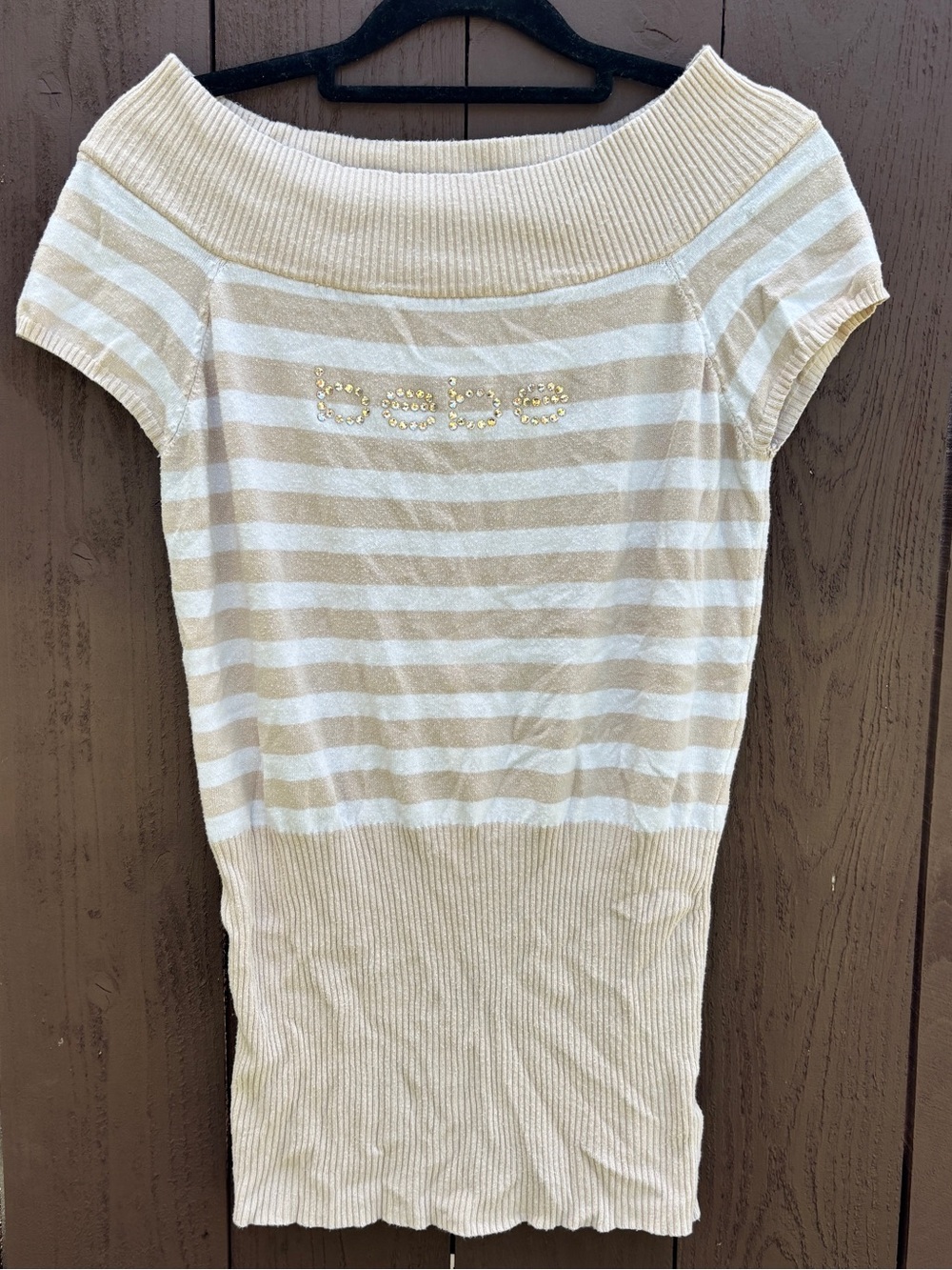 Bebe Swarovski logo striped knit top